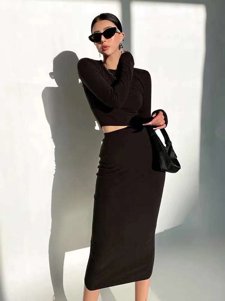 Women’s 2-Piece Bodycon Set – Long Sleeve Crop Top & Maxi Skirt