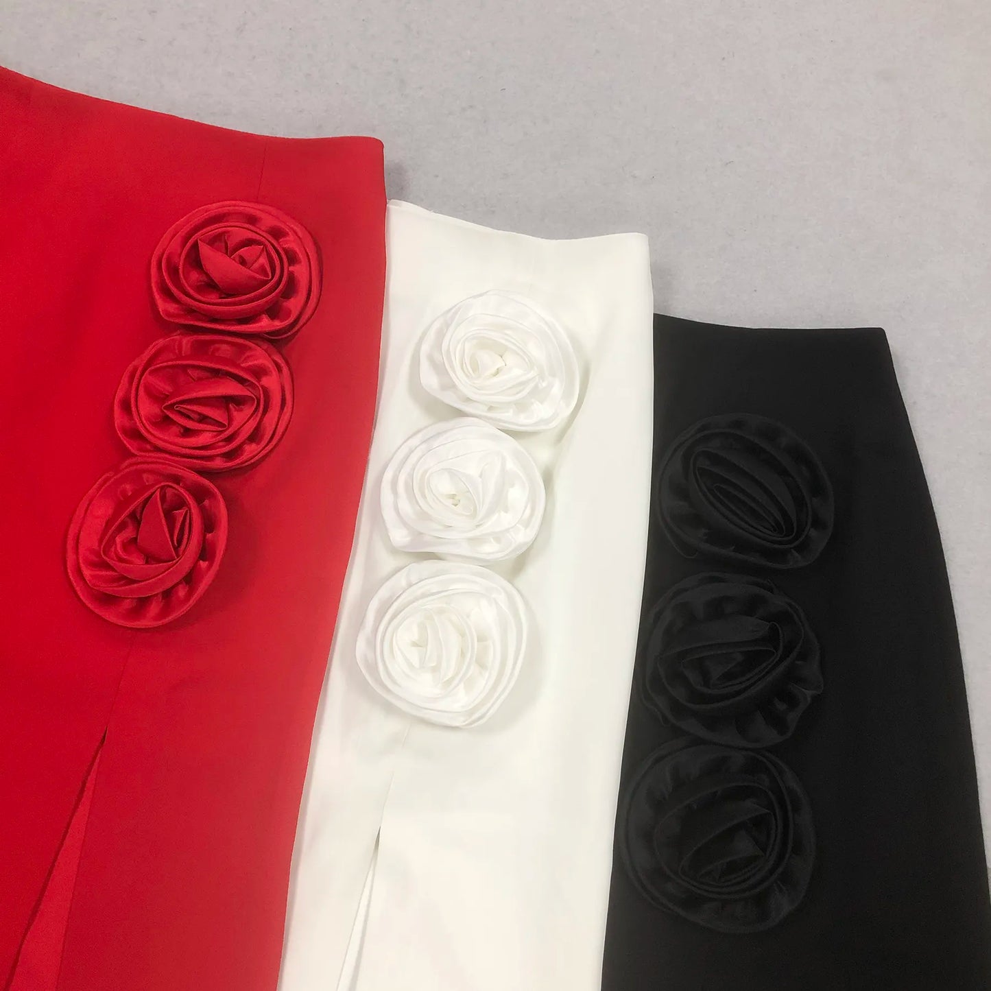Elegant High-Waist Rose Detail Skirt – Available in Red, White & Black