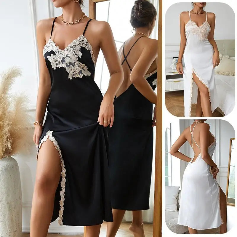 Women’s Satin Lace-Trim Slip Dress – Elegant Lingerie Nightgown
