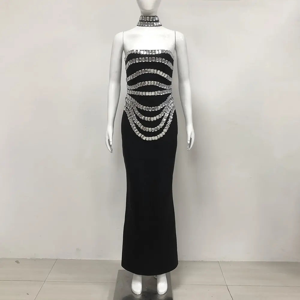 Luxury Black Strapless Gown with Crystal Chain Detailing