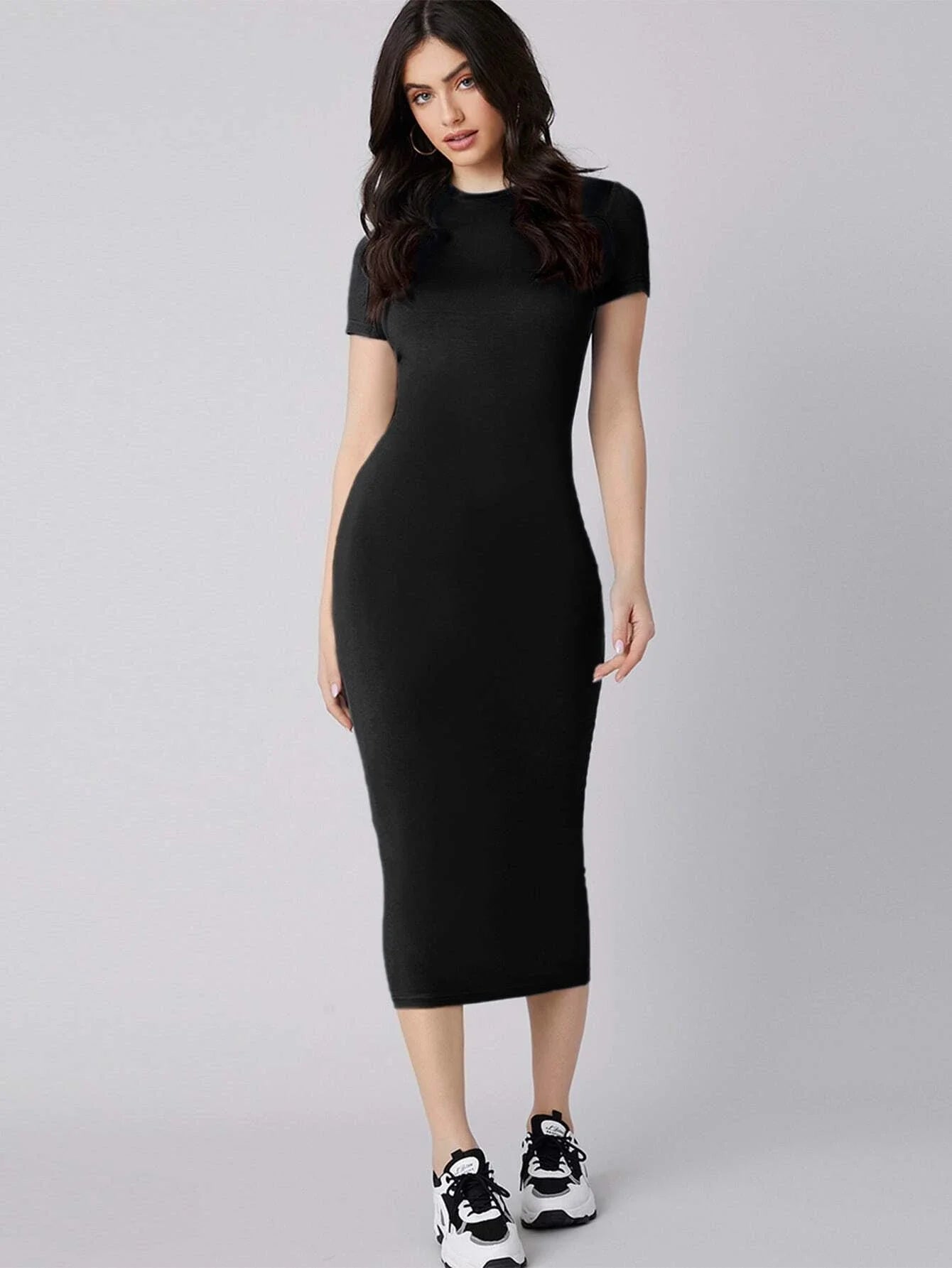 Women’s Fitted Midi Dress – Short Sleeve Bodycon Style