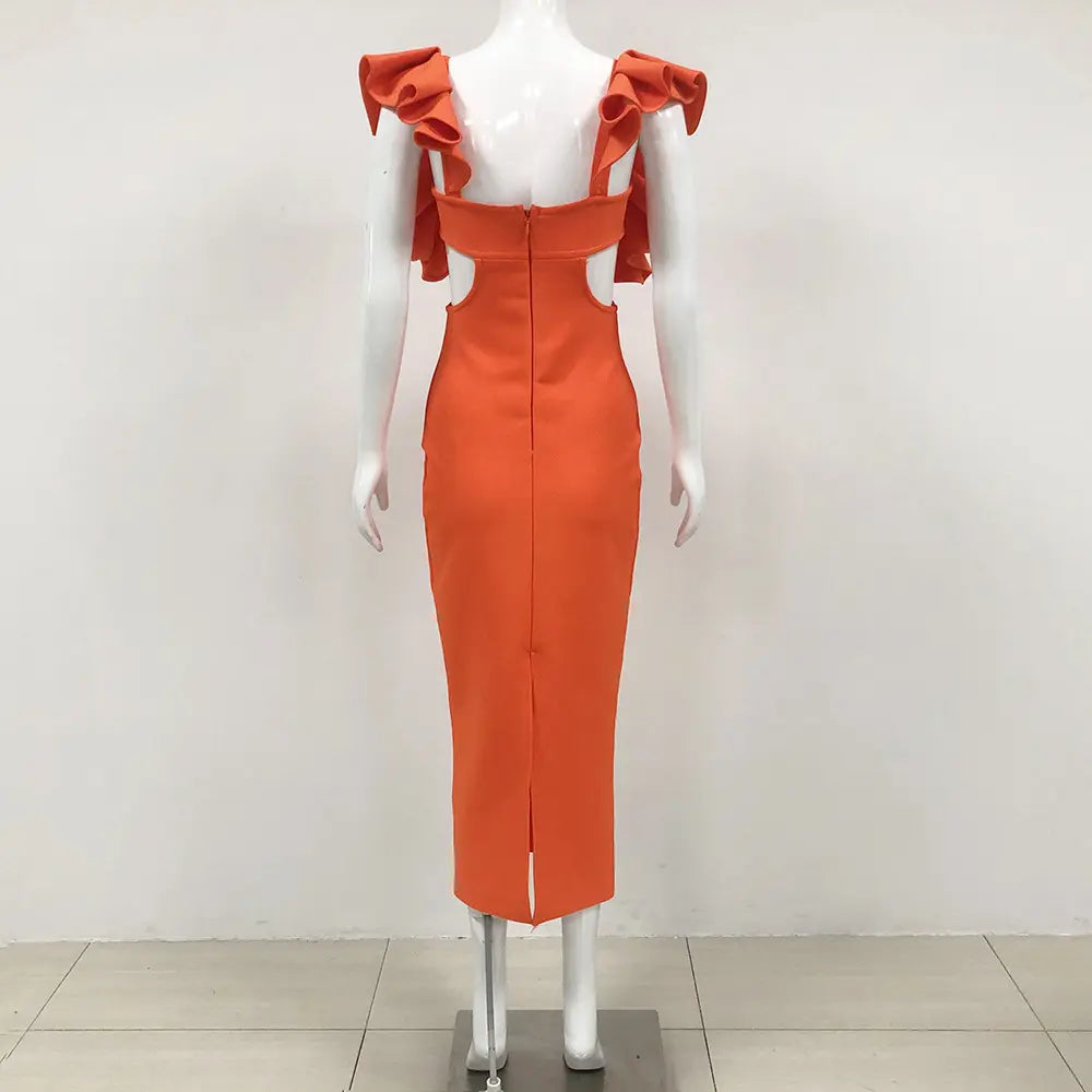 Elegant Ruffle Sleeve Bodycon Dress – Rust Orange