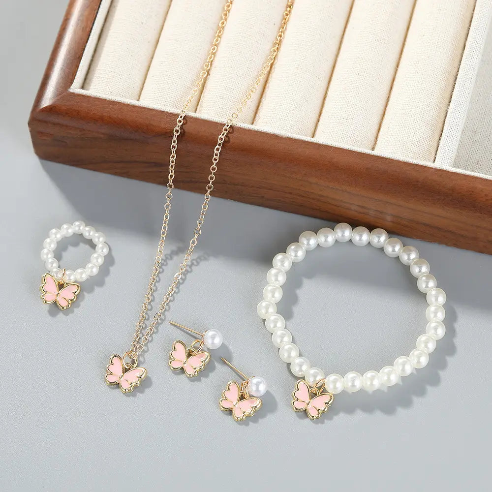 White Pearl & Butterfly Jewelry Set – Necklace, Earrings, Bracelet & Ring
