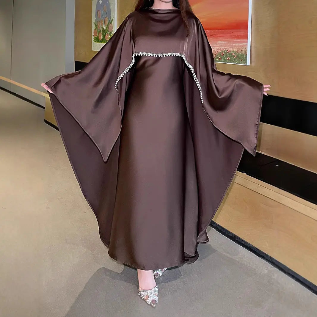 Luxury Satin Abaya with Pearl Trim – Flowing & Elegant