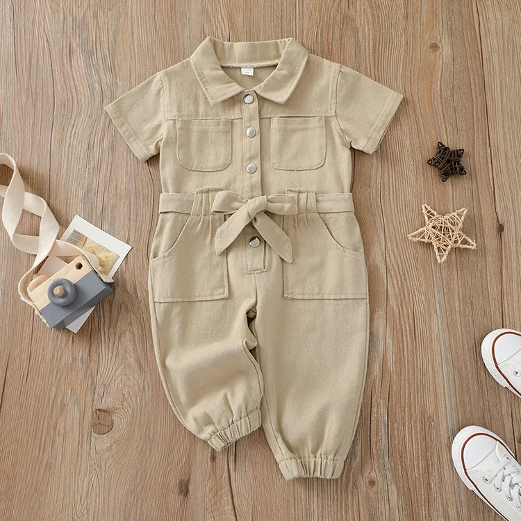 Baby/Toddler Utility Romper – Soft Cotton Jumpsuit with Pockets & Belt