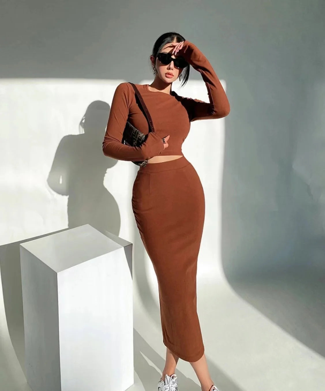 Women’s 2-Piece Bodycon Set – Long Sleeve Crop Top & Maxi Skirt