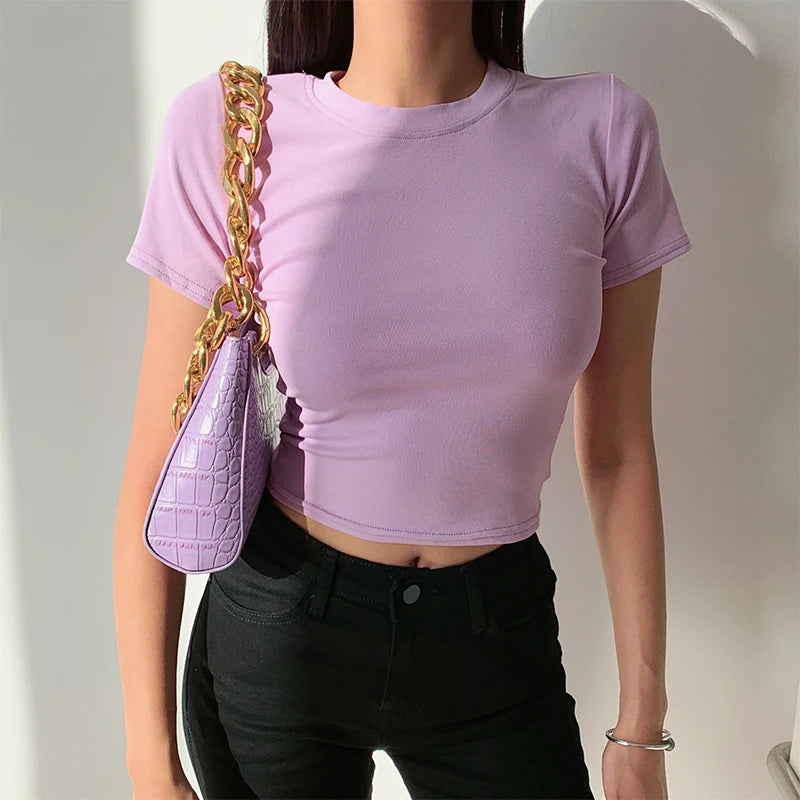 Women’s Basic Ribbed Crop Top – Short Sleeve Stretch Fit