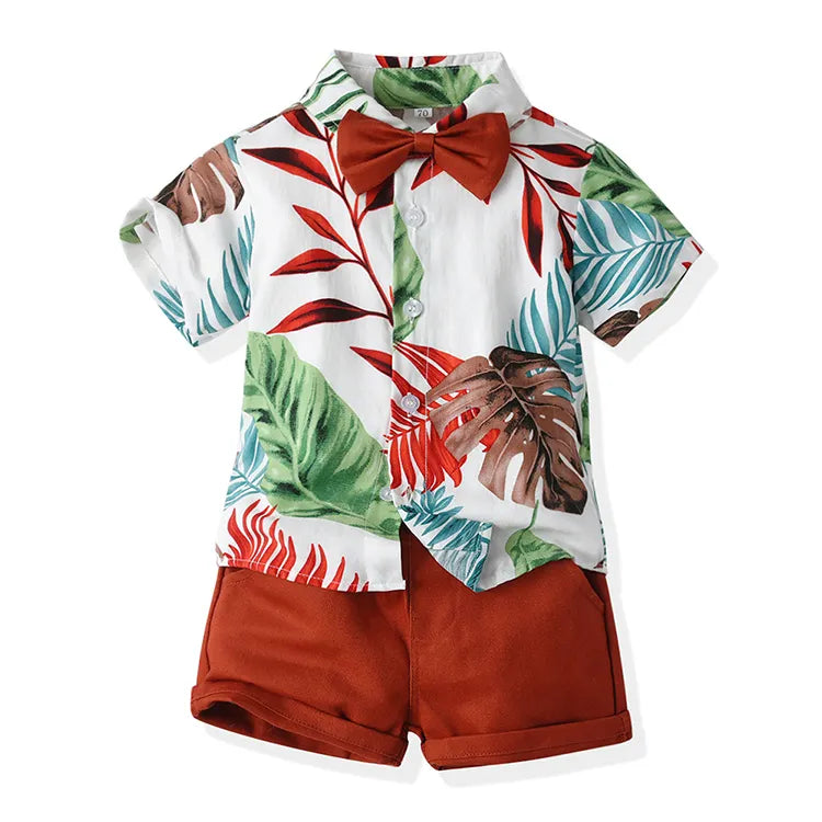 Tropical Baby Boy Outfit – Short Sleeve Shirt with Bowtie & Shorts