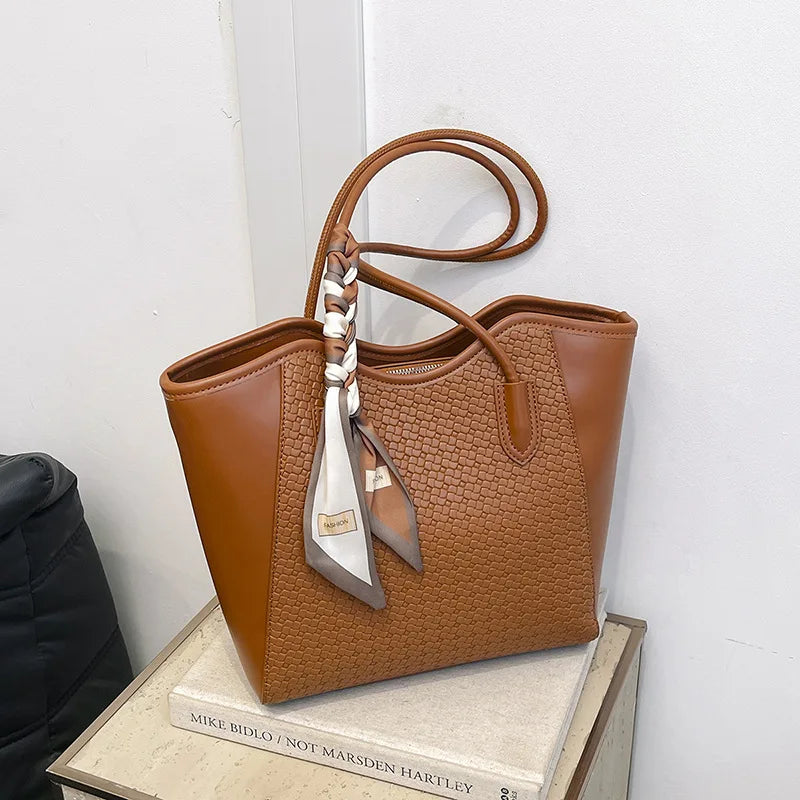 Elegant Woven Tote Bag with Scarf Accent – Spacious & Stylish