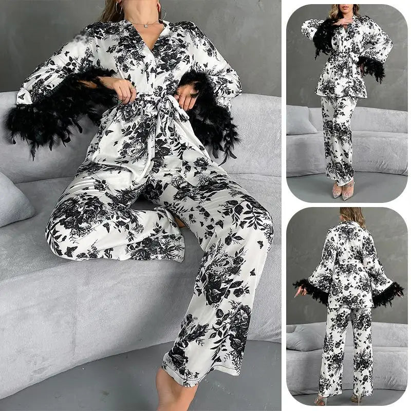 Women’s 2-Piece Satin Lounge Set – Feather Trim Kimono Top & Wide Pants