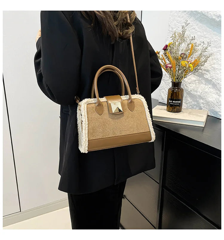 Trendy Structured Handbag – With Shearling Trim & Statement Hardware