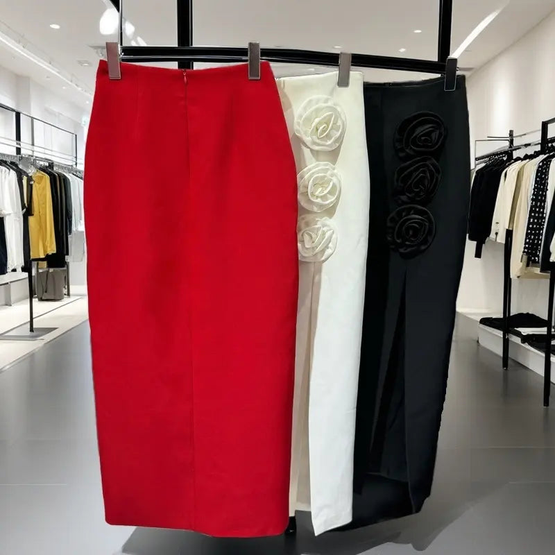 Elegant High-Waist Rose Detail Skirt – Available in Red, White & Black