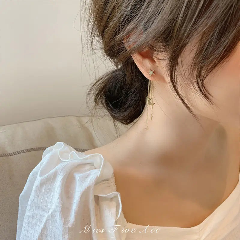 Moon & Star Drop Earrings โ Celestial Chain Design