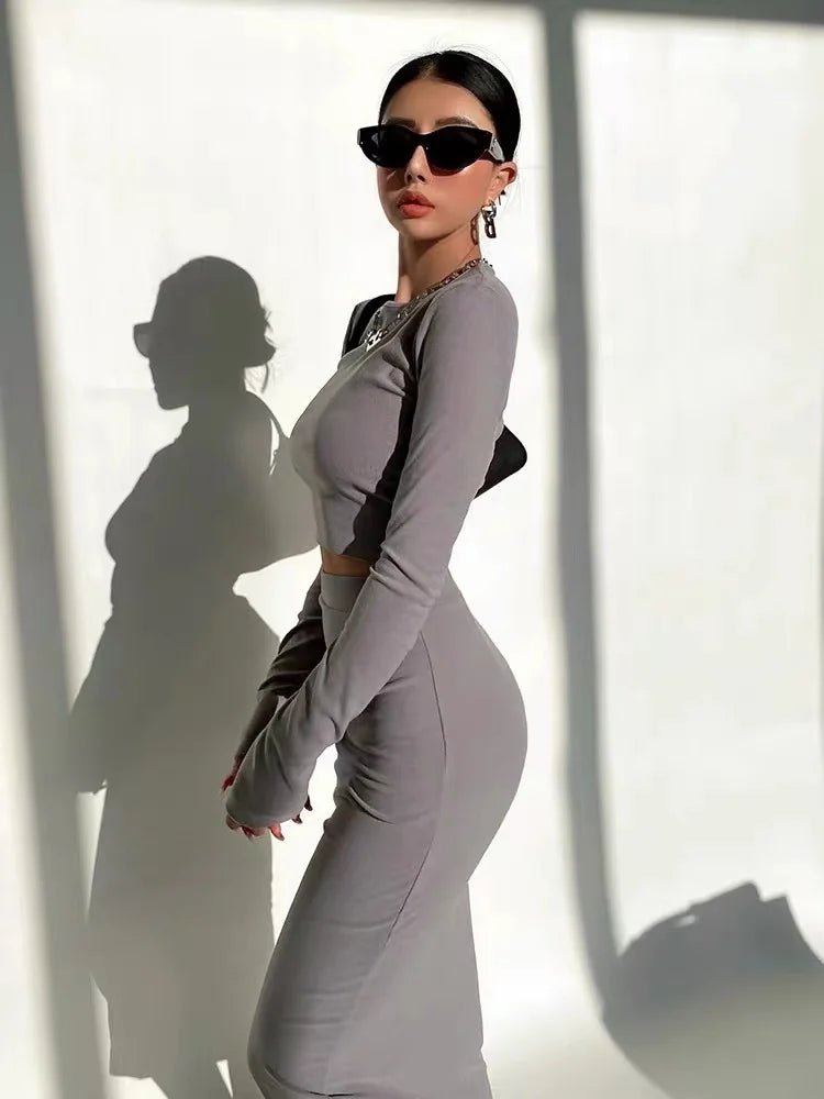 Women’s 2-Piece Bodycon Set – Long Sleeve Crop Top & Maxi Skirt