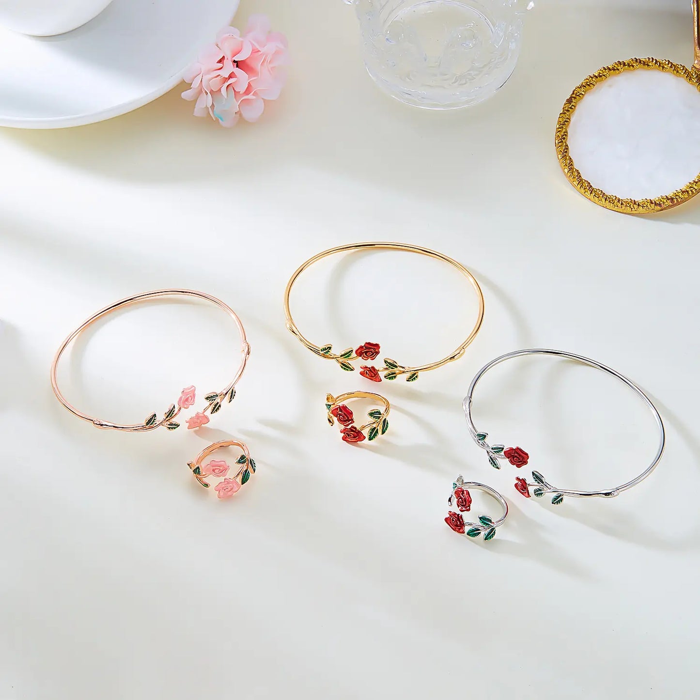 Elegant Rose Bracelet & Ring Set โ Floral-Inspired Jewelry