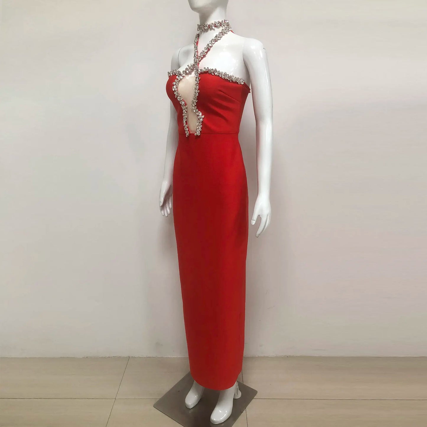 Luxury Red Crystal Embellished Evening Dress