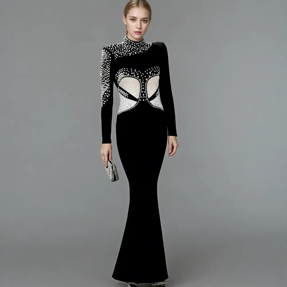 Elegant Black Evening Dress with Rhinestone Details