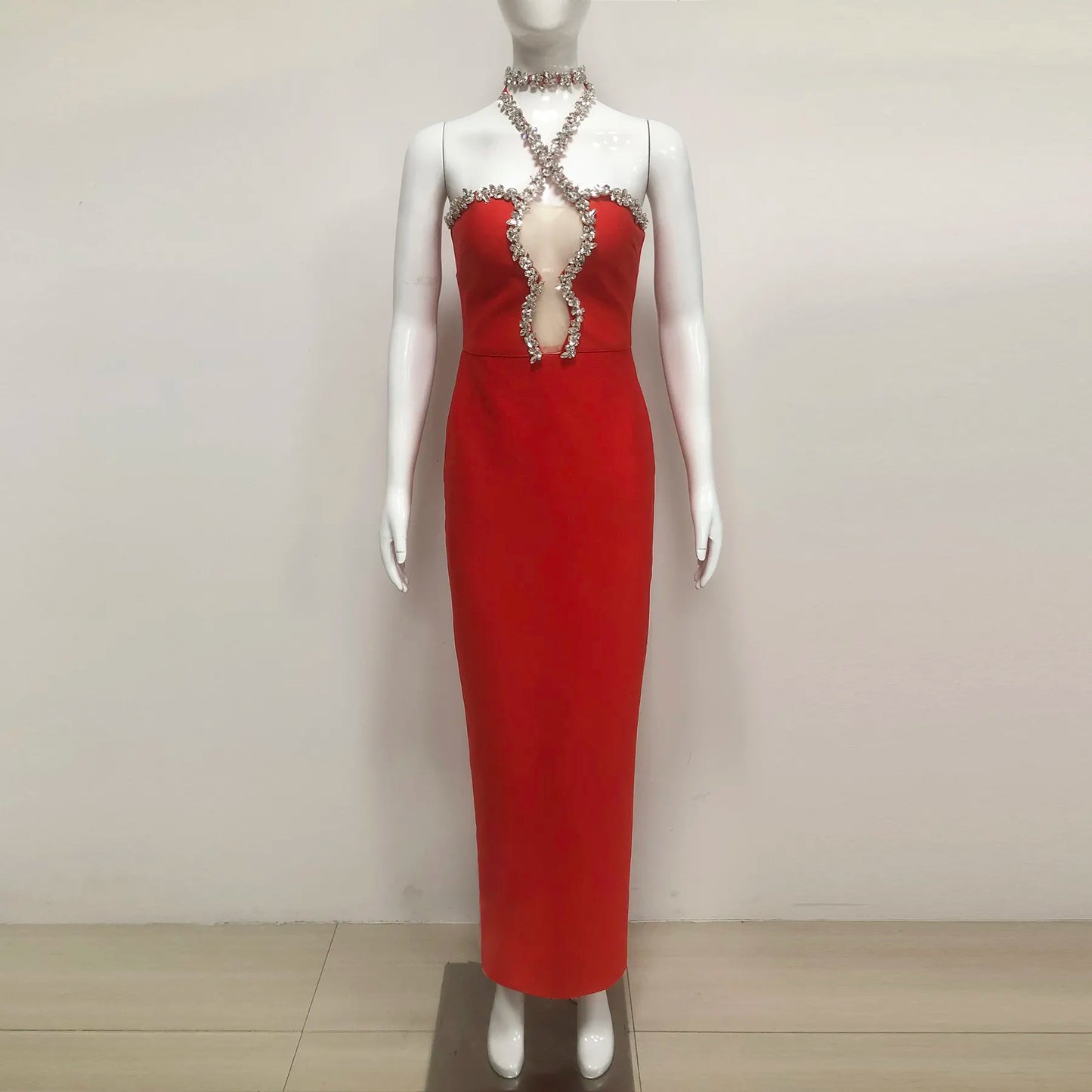 Luxury Red Crystal Embellished Evening Dress