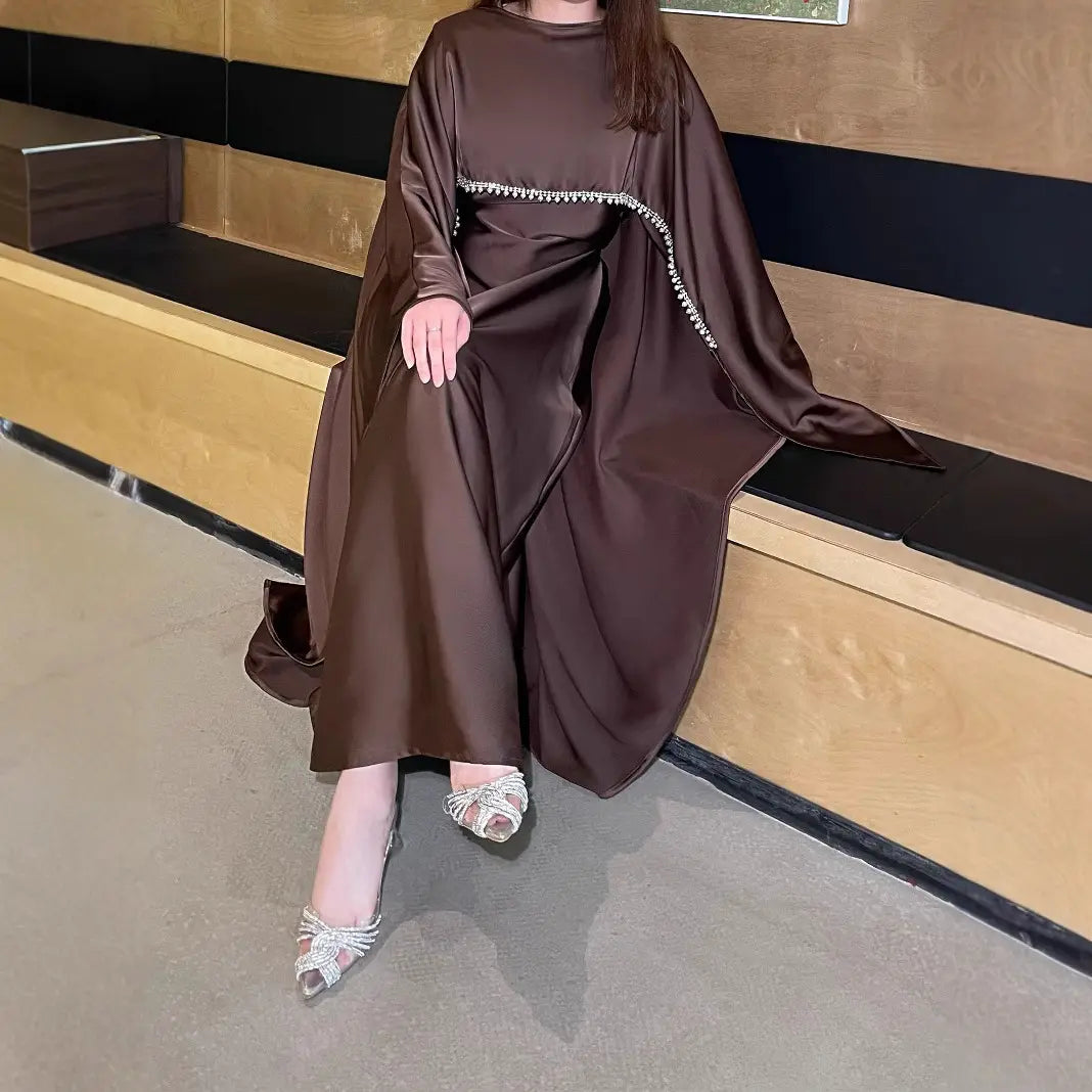 Luxury Satin Abaya with Pearl Trim – Flowing & Elegant