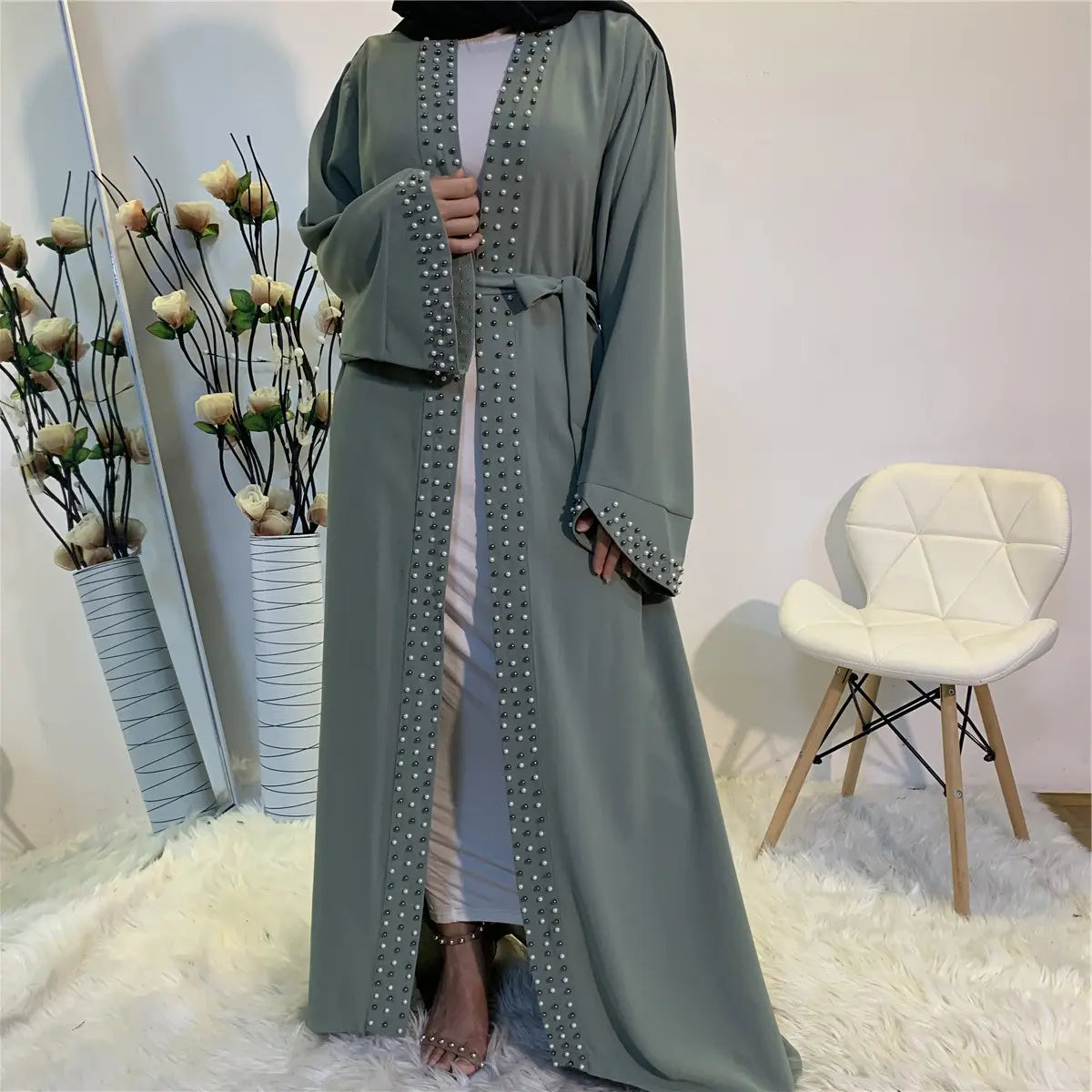 Elegant Open Abaya with Pearl Embellishments