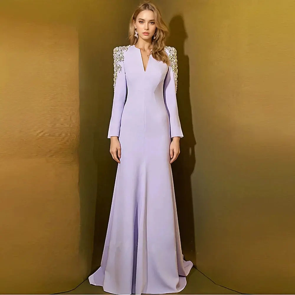 Royal Lilac Embellished Shoulder Evening Gown