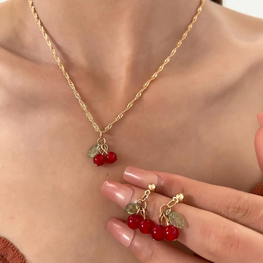 Cherry Charm Necklace & Earrings Set – Red & Gold with Leaf Detail