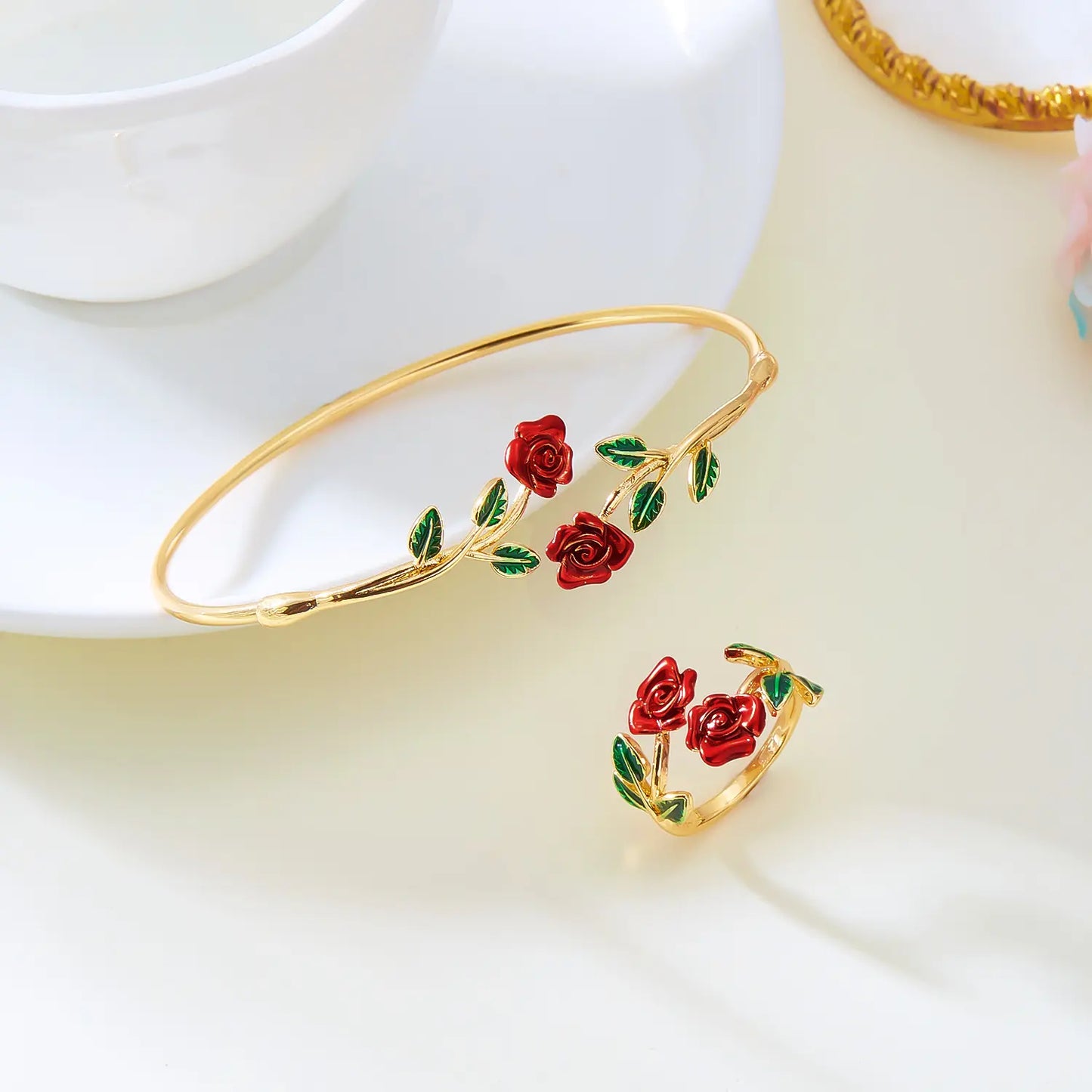Elegant Rose Bracelet & Ring Set โ Floral-Inspired Jewelry