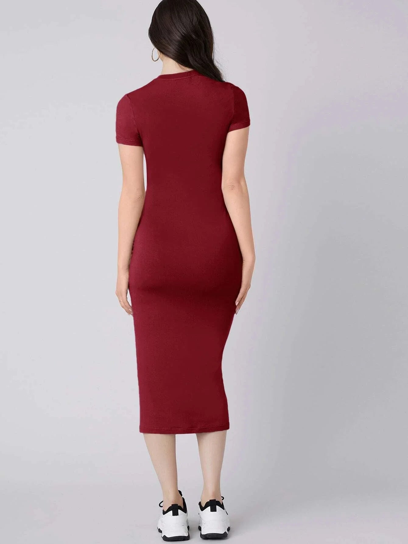Women’s Fitted Midi Dress – Short Sleeve Bodycon Style
