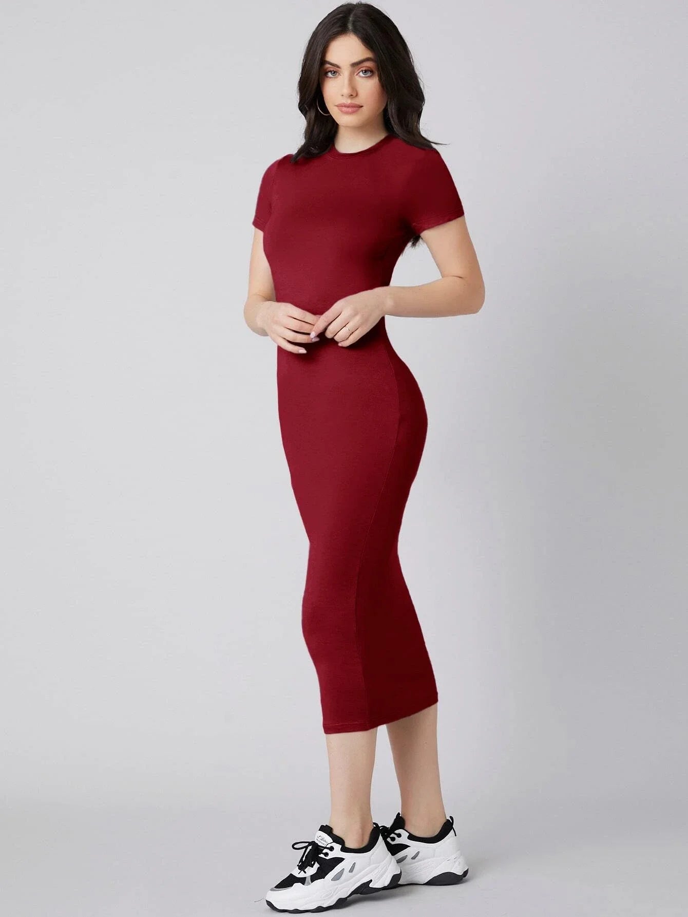 Women’s Fitted Midi Dress – Short Sleeve Bodycon Style
