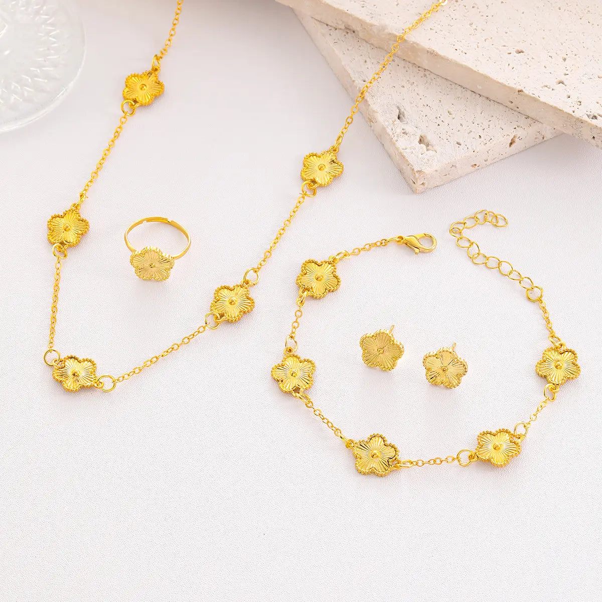 Floral Jewelry Set โ Bracelet, Ring & Earrings | Gold & Silver Options