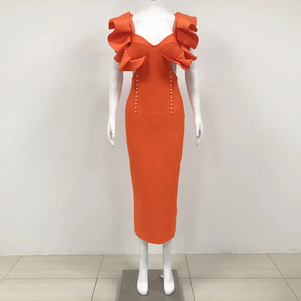 Elegant Ruffle Sleeve Bodycon Dress – Rust Orange