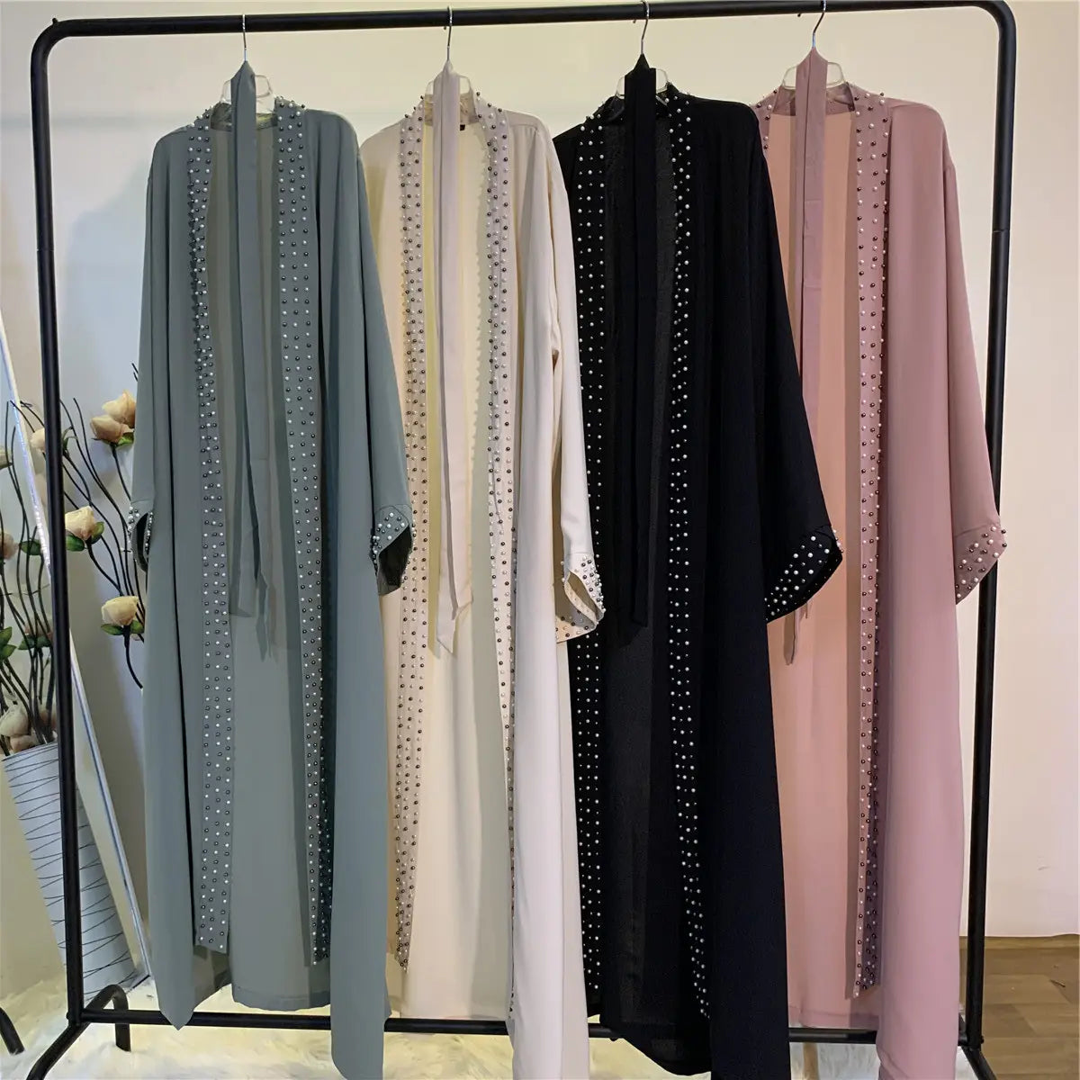 Elegant Open Abaya with Pearl Embellishments