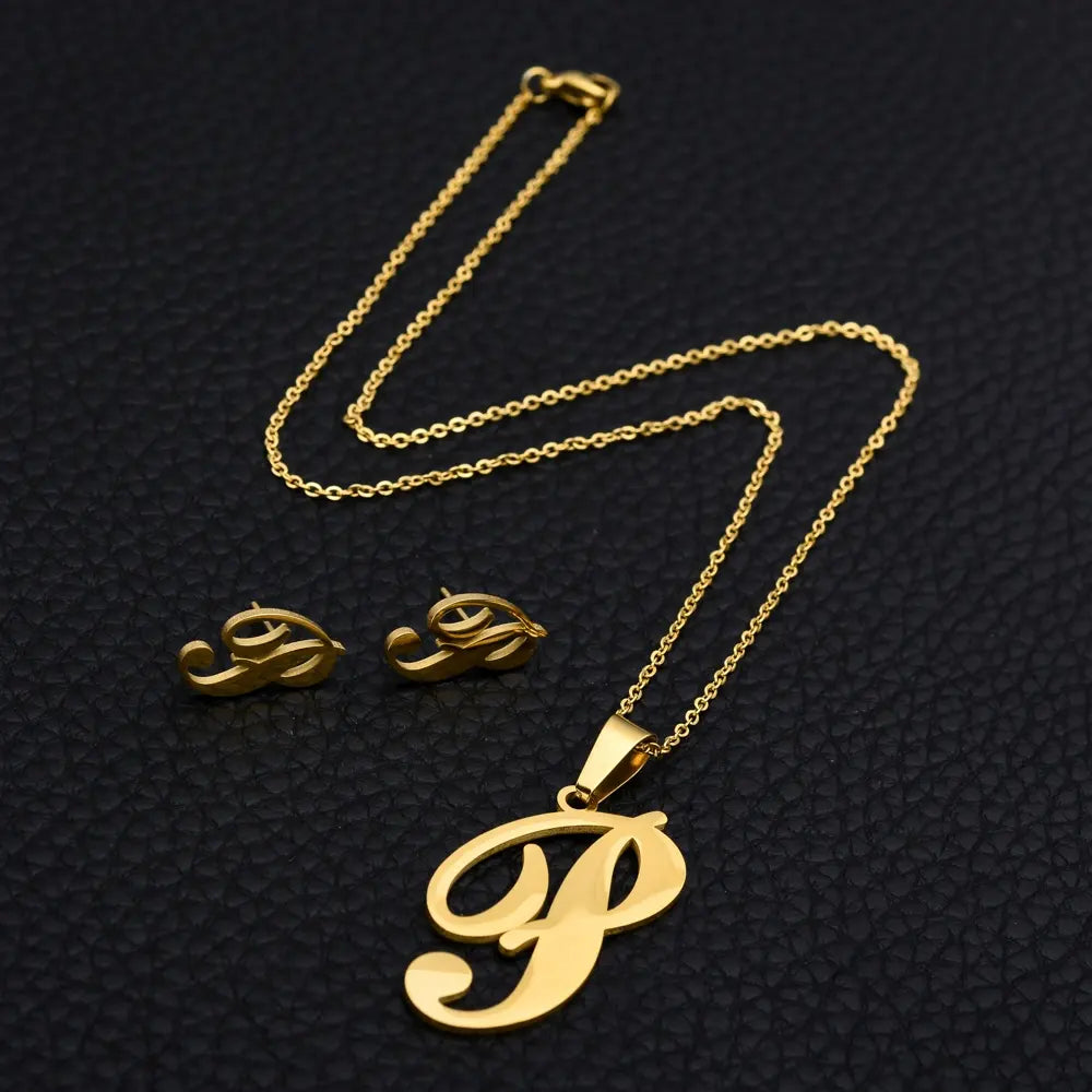 Personalized Initial Jewelry Set – Necklace & Earrings (A–Z)