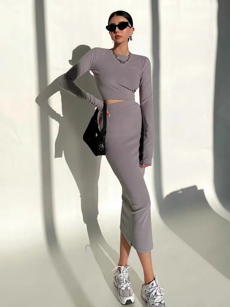 Women’s 2-Piece Bodycon Set – Long Sleeve Crop Top & Maxi Skirt
