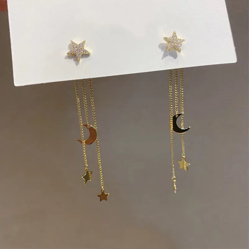 Moon & Star Drop Earrings โ Celestial Chain Design