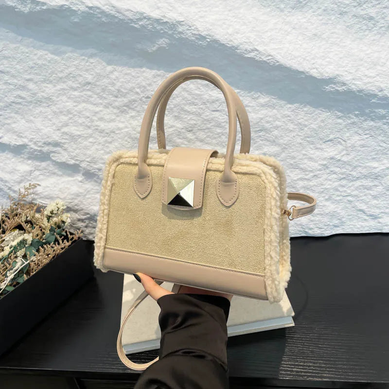 Trendy Structured Handbag – With Shearling Trim & Statement Hardware