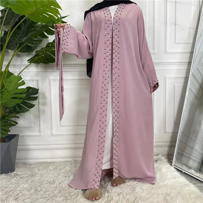 Elegant Open Abaya with Pearl Embellishments
