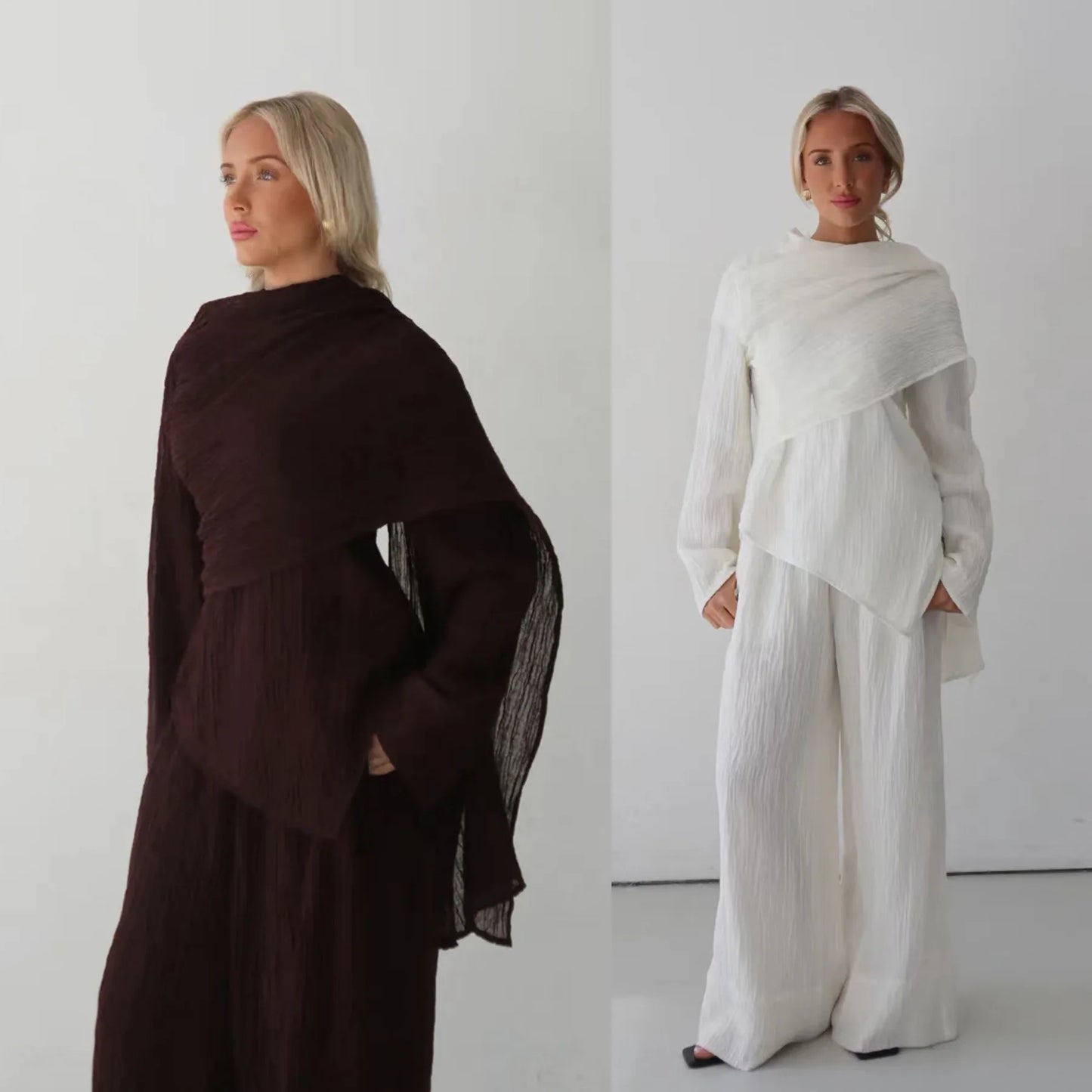 Women’s Modest 2-Piece Crinkled Set – Oversized Top & Wide-Leg Pants