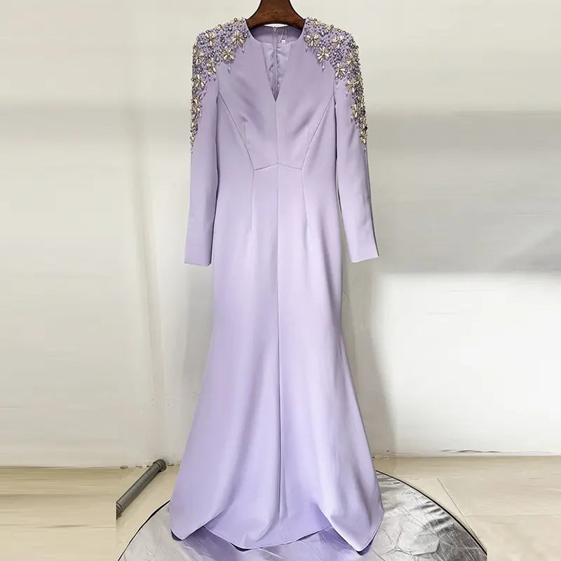 Royal Lilac Embellished Shoulder Evening Gown