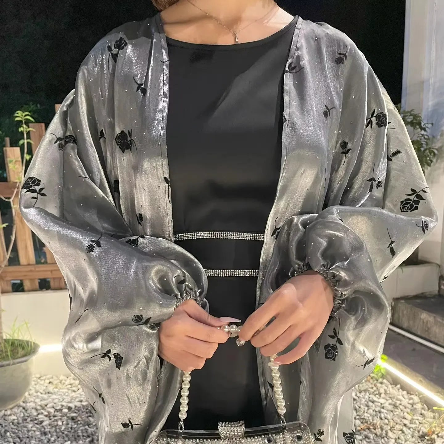 โจ Elegant Evening Set โ Satin Dress with Shimmering Embroidered Cape
