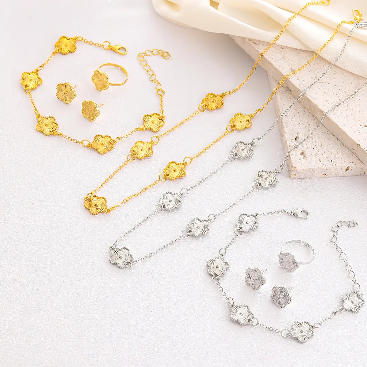 Floral Jewelry Set โ Bracelet, Ring & Earrings | Gold & Silver Options