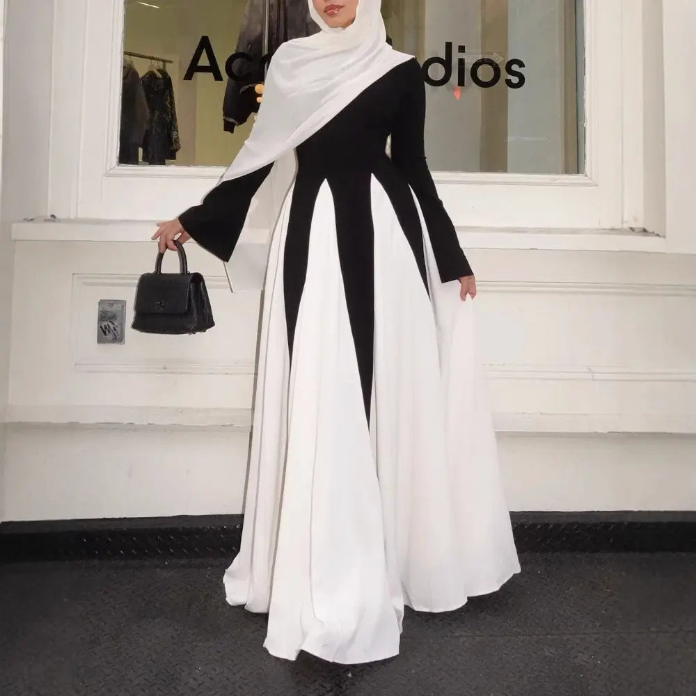 Modern Black & White Flow Abaya with Waist Design