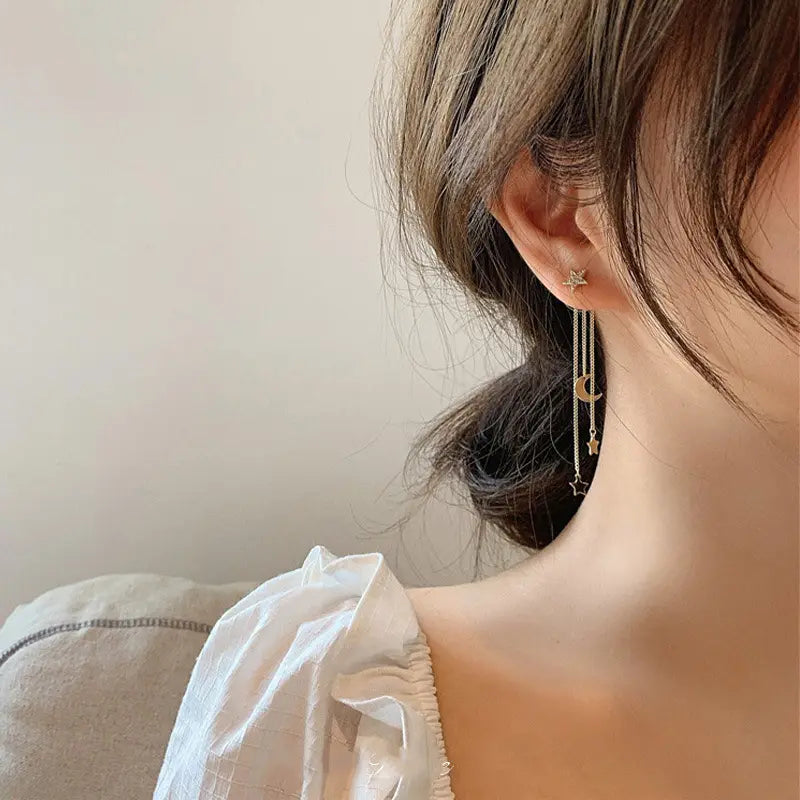 Moon & Star Drop Earrings โ Celestial Chain Design