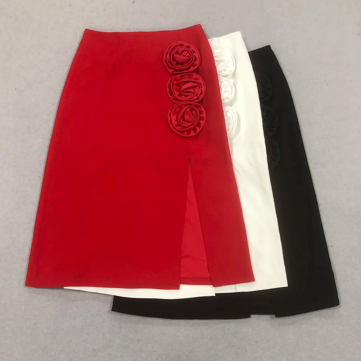 Elegant High-Waist Rose Detail Skirt – Available in Red, White & Black