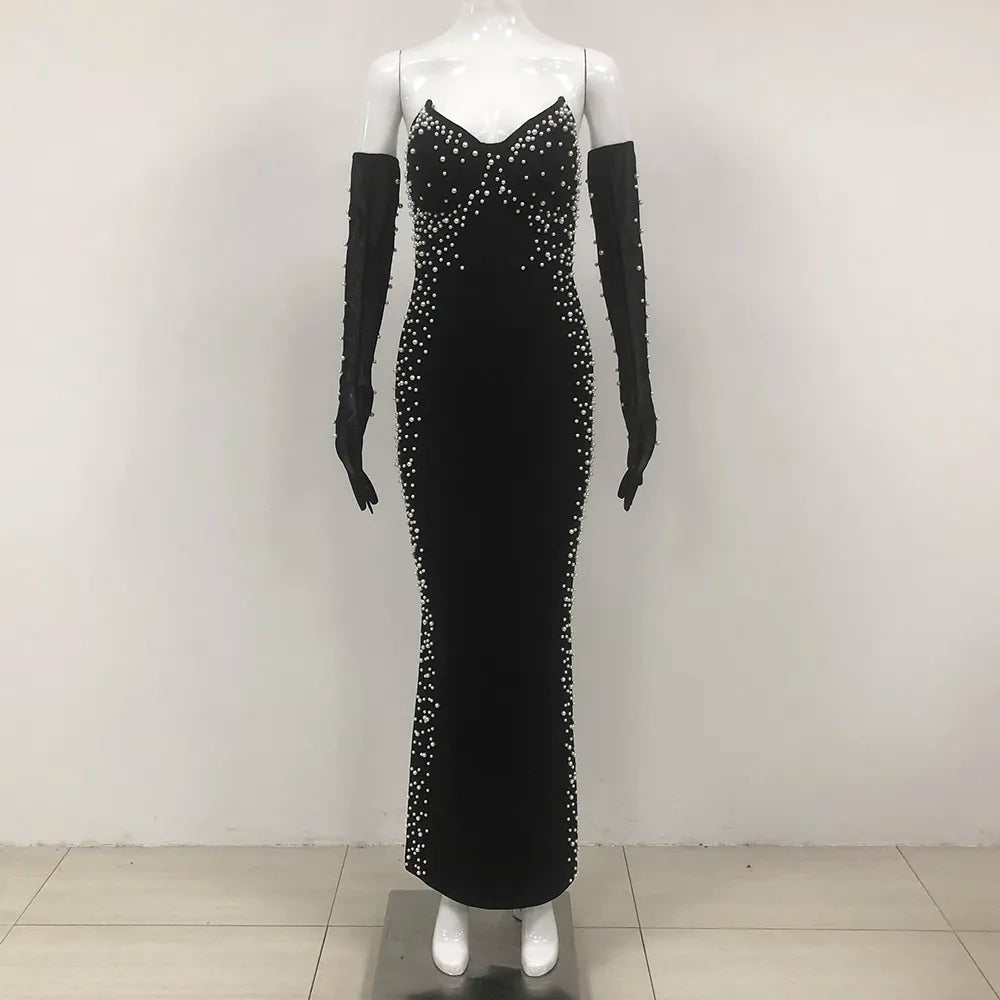 Glamorous Off-Shoulder Black Gown with Crystal Embellishments