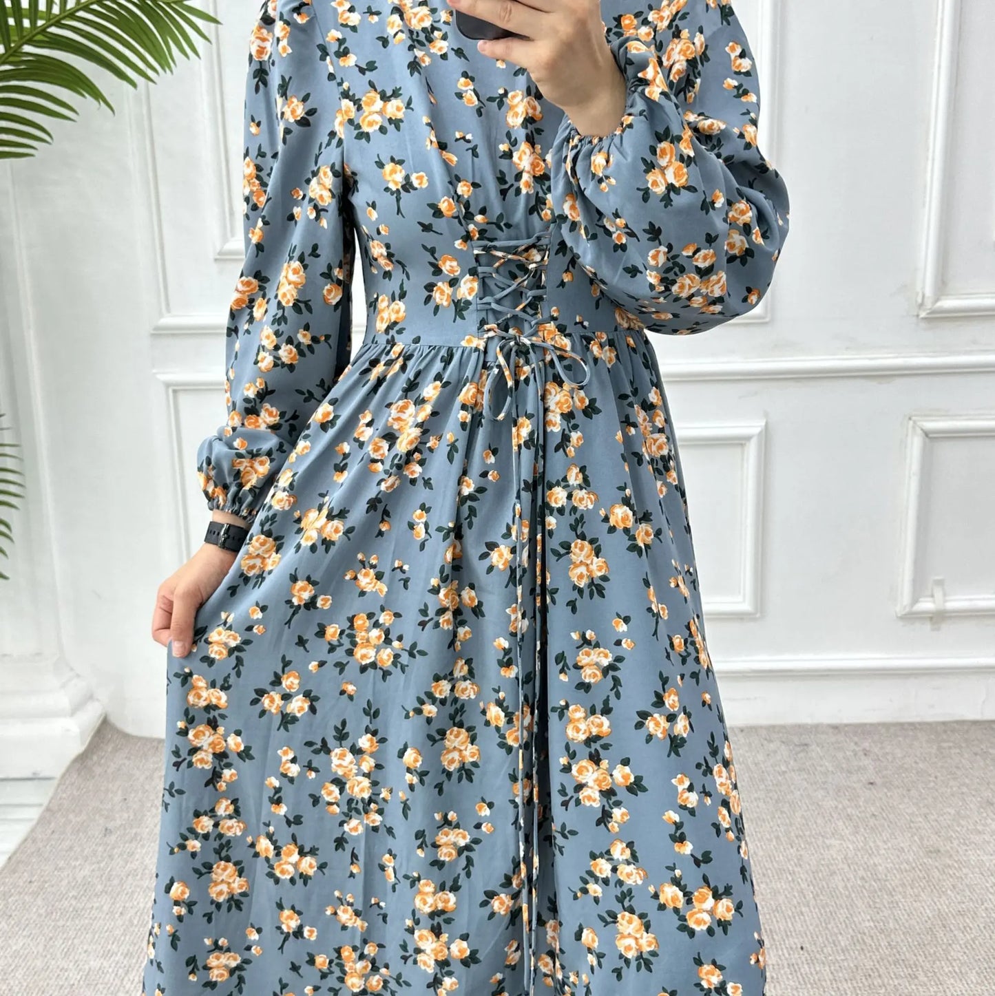 Women’s Floral Maxi Dress – Long Sleeve & Waist Tie Design