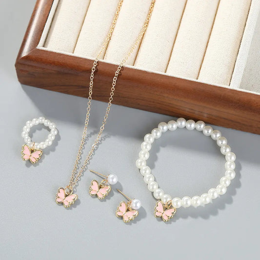 White Pearl & Butterfly Jewelry Set – Necklace, Earrings, Bracelet & Ring
