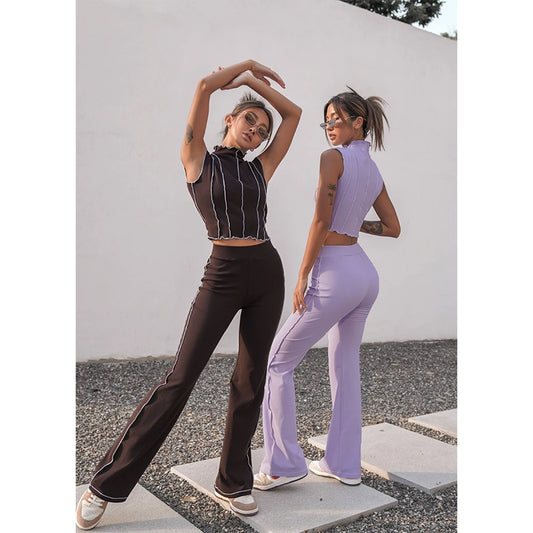 Women’s 2-Piece Ribbed Set – Sleeveless Crop Top & Flared Pants