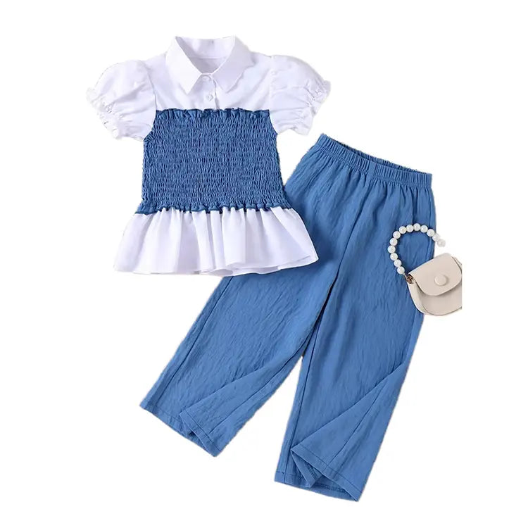 Piece Casual Outfit for Girls – Puff Sleeve Top & Wide-Leg Pants