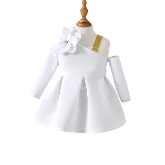 Elegant One-Shoulder Party Dress for Girls – With Floral Detail